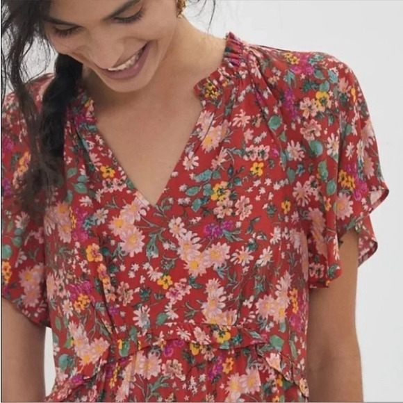 ANTHROPOLOGIE Red Robin Floral Ruffles Spliced Neck Tiered Mini Dress Size XXS - Picture 4 of 12